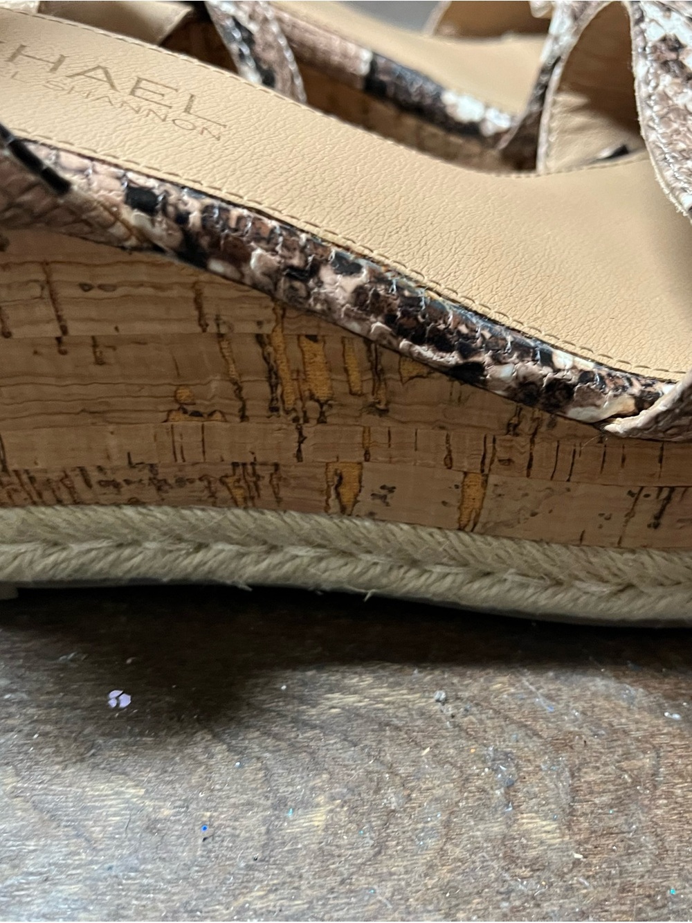 Michael Shannon Women's Snake-Print Cork Wedge Sandals in Beige